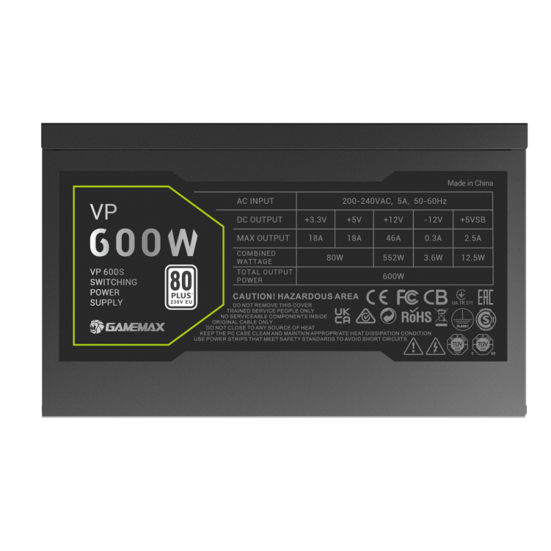 GameMax VP 600S 600 Watts Power Supply 80+ Bronze - Black GameMax VP 600S 600 Watts Power Supply 80+ Bronze - Black